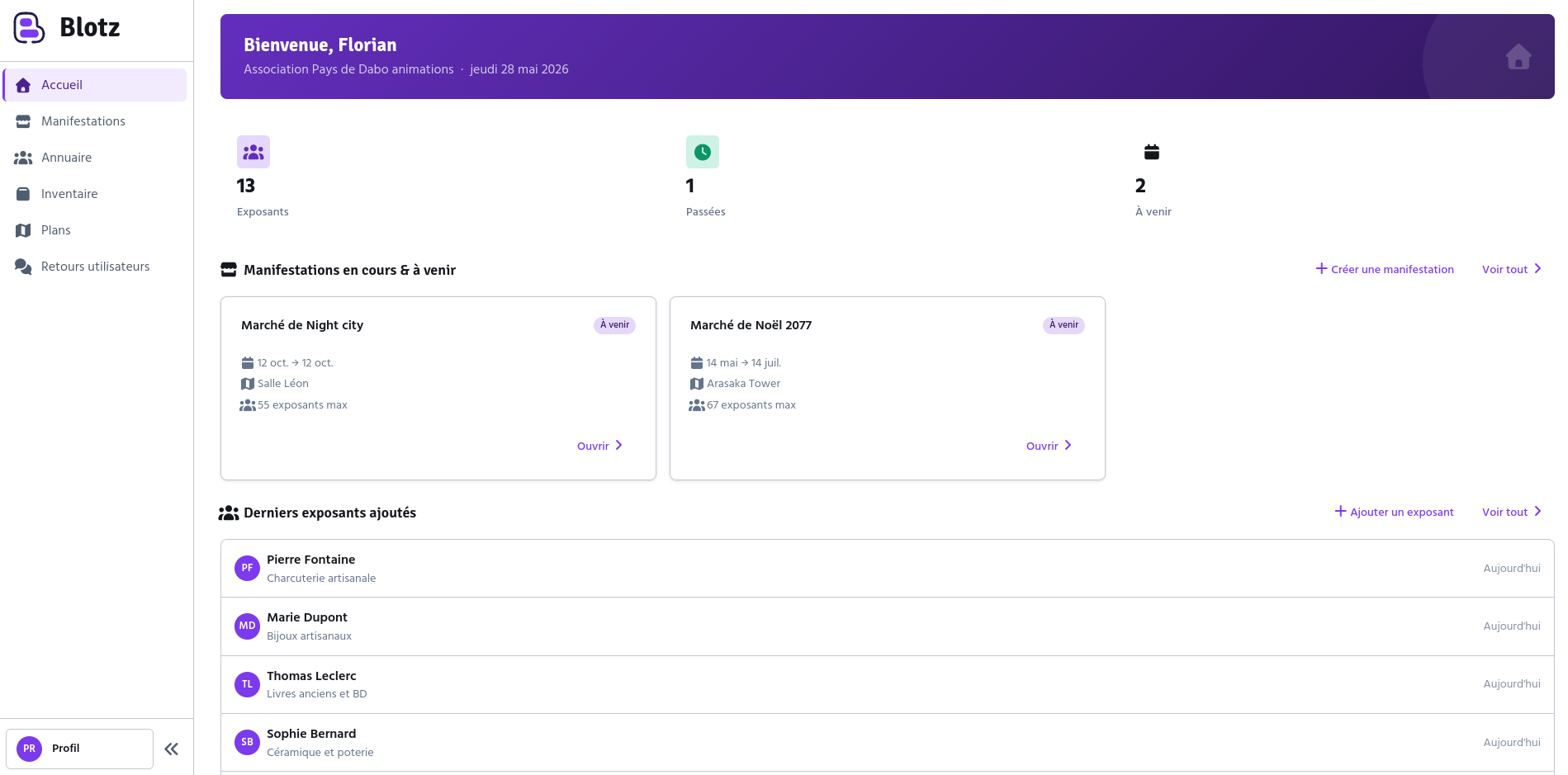 Dashboard Blotz avec statistiques et manifestations à venir